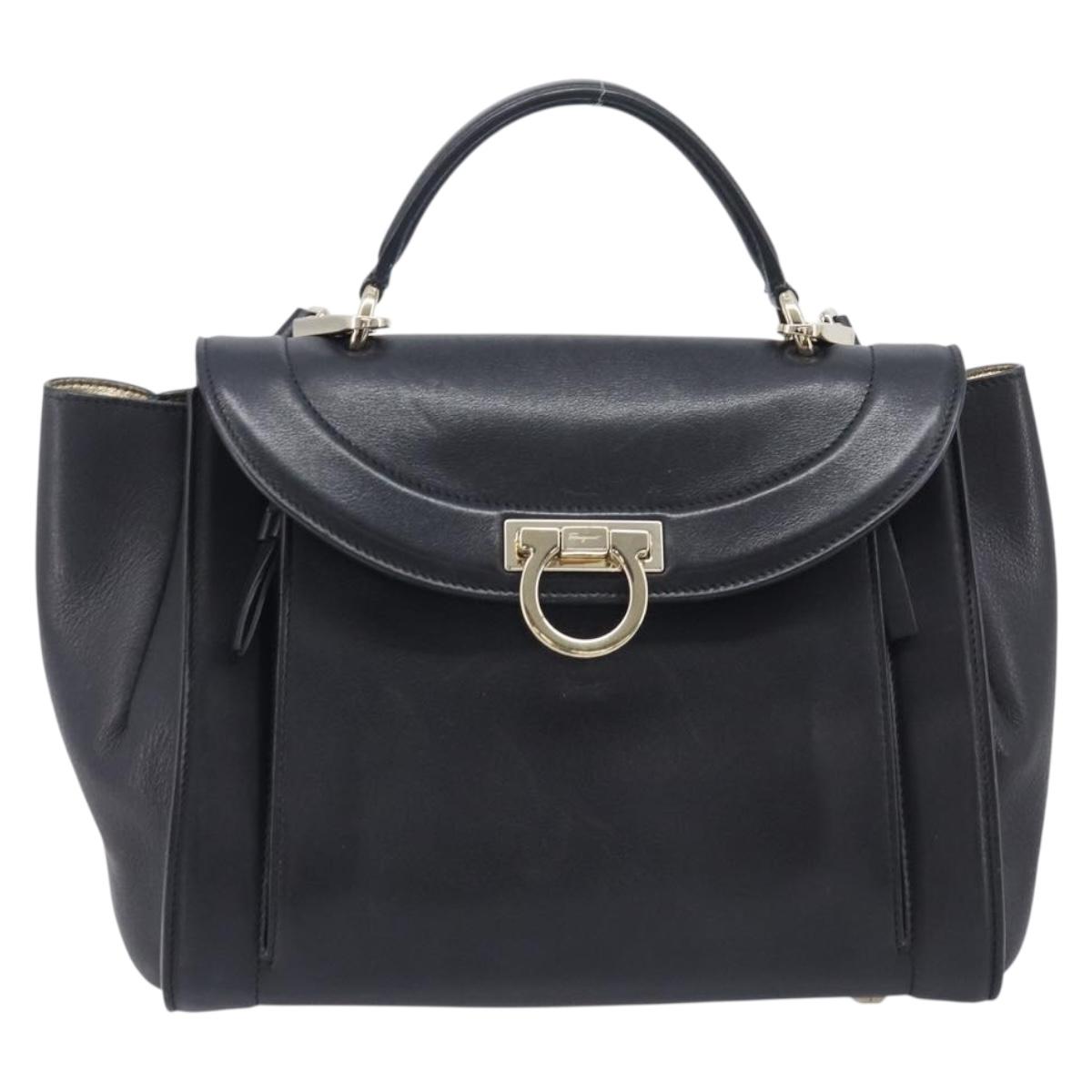 Salvatore Ferragamo Gancini Hand Bag Leather 2way Black Gold Auth 209987A