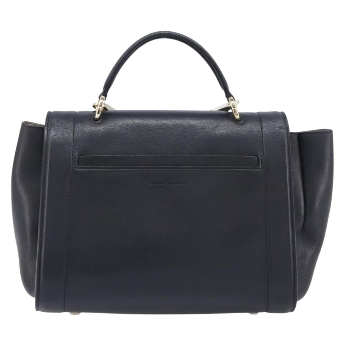 Salvatore Ferragamo Gancini Hand Bag Leather 2way Black Gold Auth 209987A