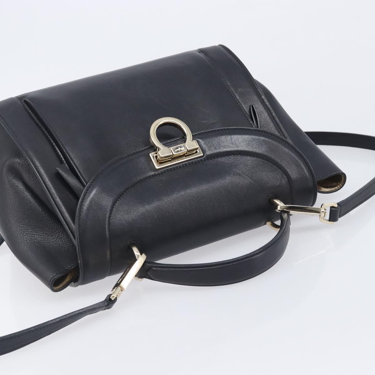 Salvatore Ferragamo Gancini Hand Bag Leather 2way Black Gold Auth 209987A