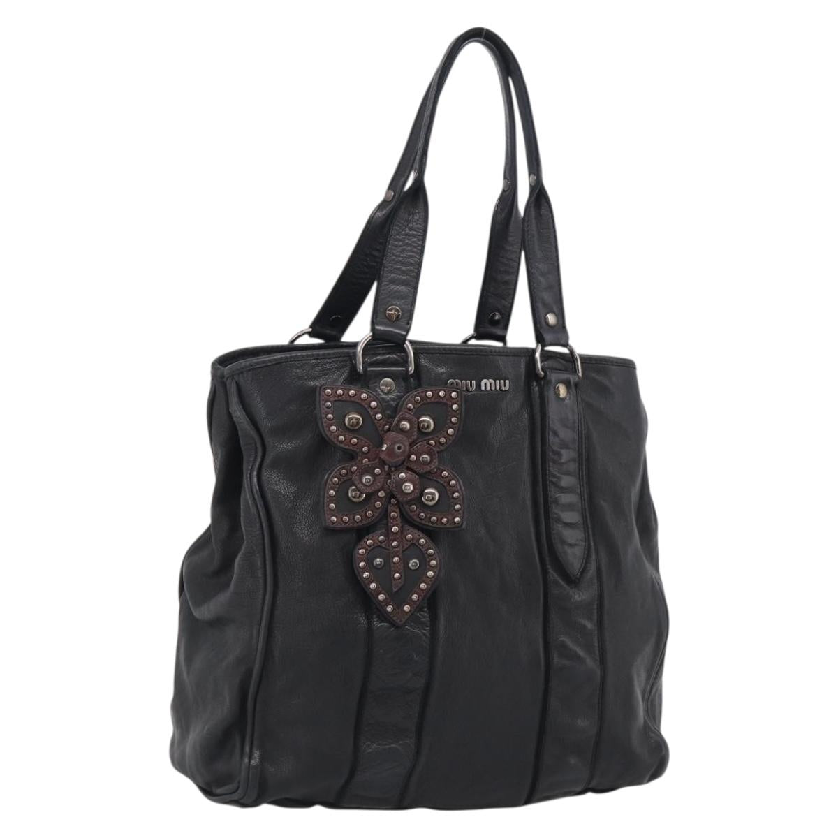 Miu Miu Tote Bag Leather Black Silver Auth 209991V