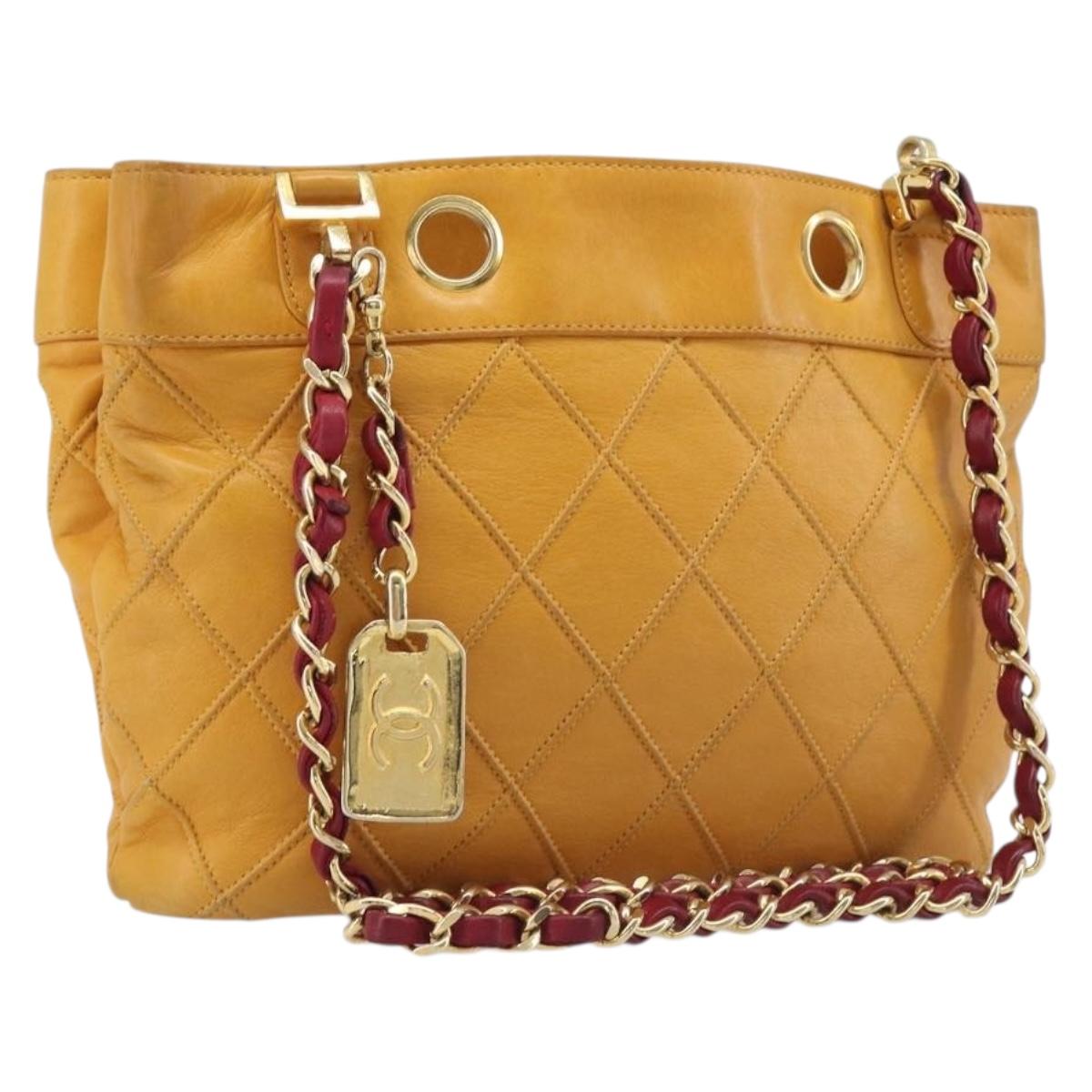 CHANEL Bicolore Chain Shoulder Bag Lamb Skin Yellow Gold CC Auth 209997