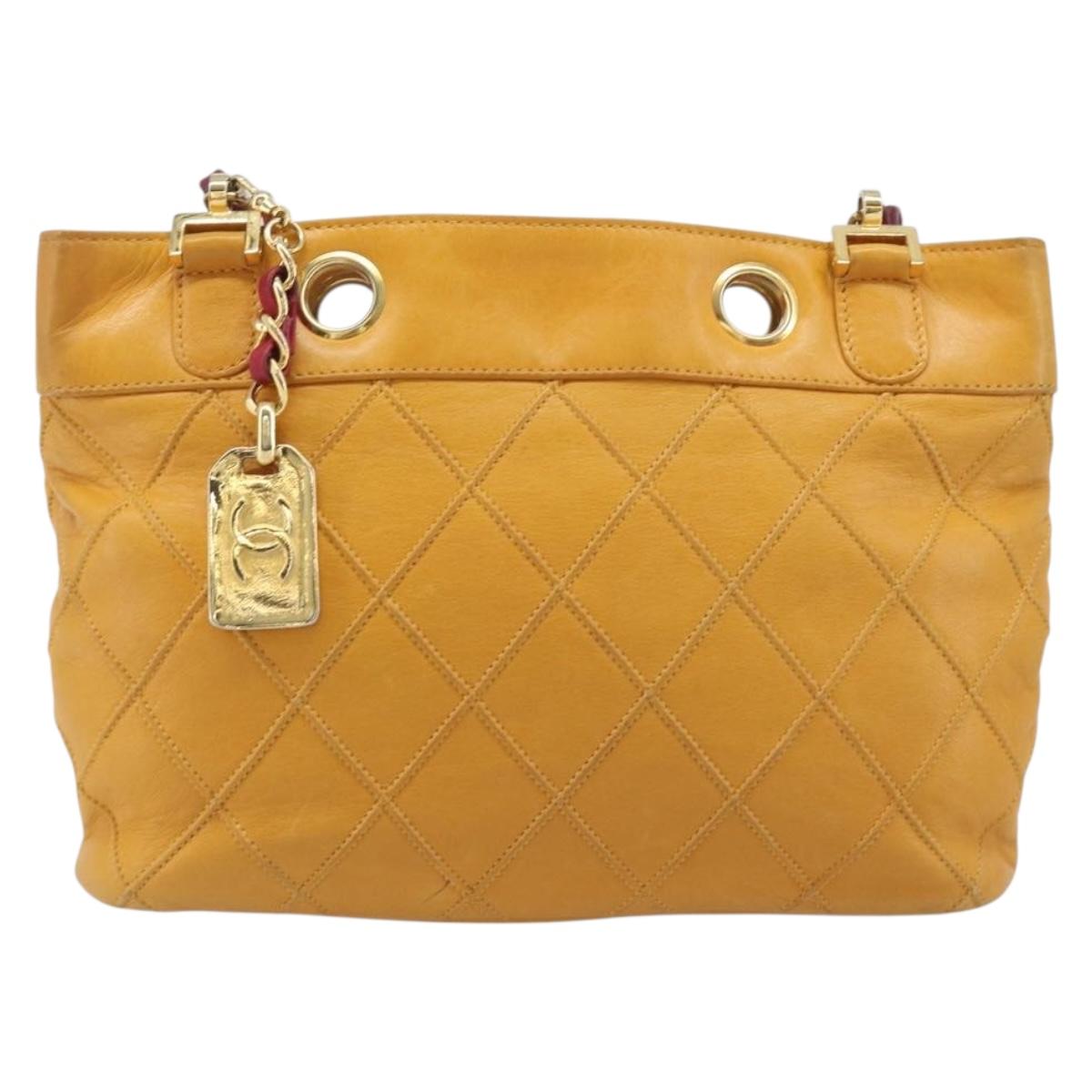 CHANEL Bicolore Chain Shoulder Bag Lamb Skin Yellow Gold CC Auth 209997