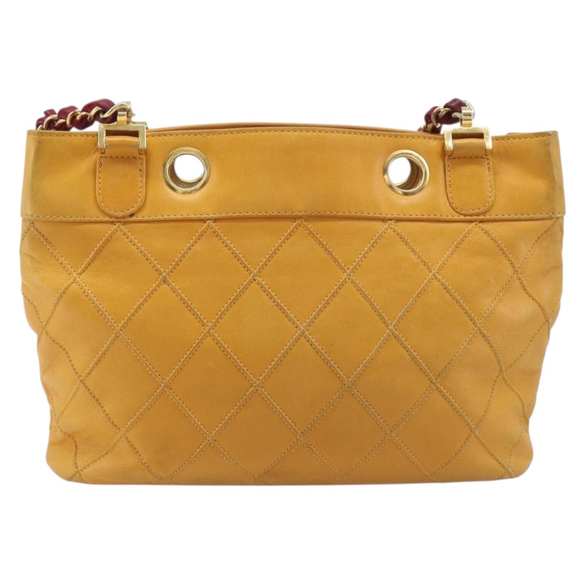 CHANEL Bicolore Chain Shoulder Bag Lamb Skin Yellow Gold CC Auth 209997