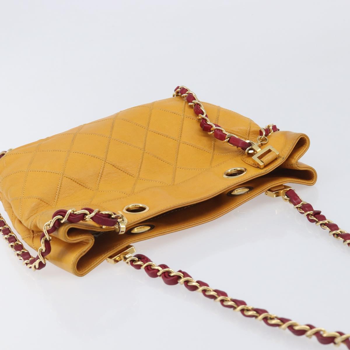 CHANEL Bicolore Chain Shoulder Bag Lamb Skin Yellow Gold CC Auth 209997