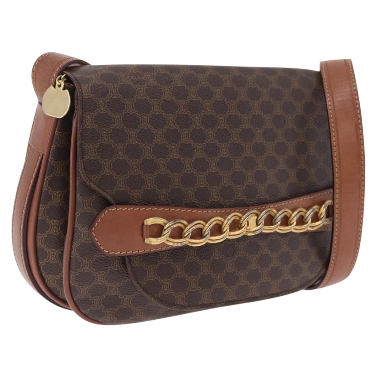 CELINE Macadam Canvas Shoulder Bag PVC Leather Brown Gold Auth 210003