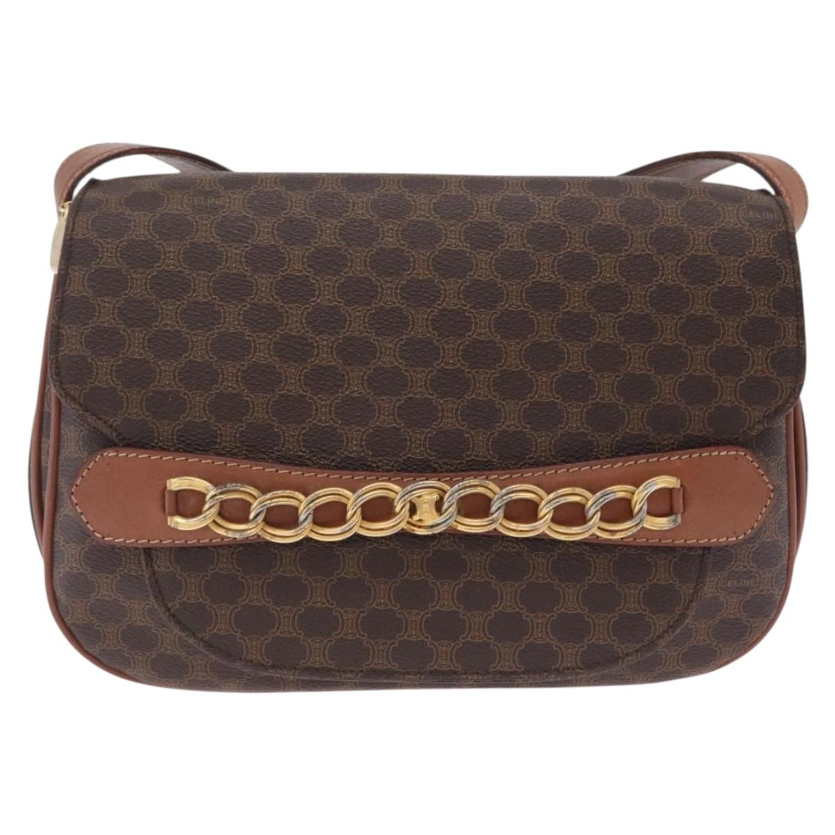 CELINE Macadam Canvas Shoulder Bag PVC Leather Brown Gold Auth 210003