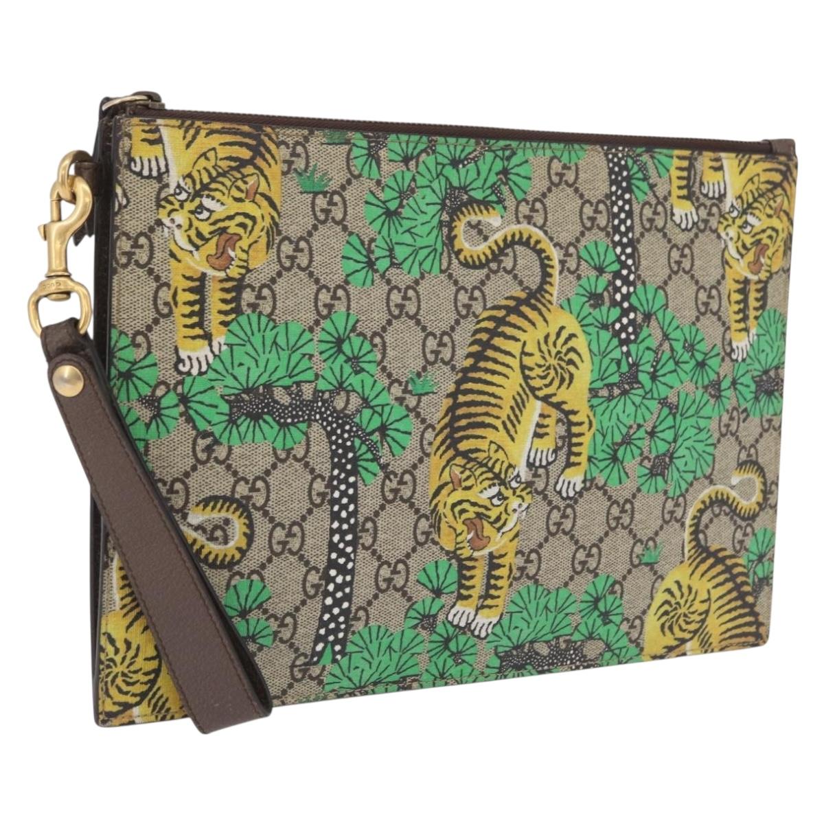 GUCCI GG Supreme Tiger Clutch Bag PVC Leather Beige Gold 451473 Auth 210006V