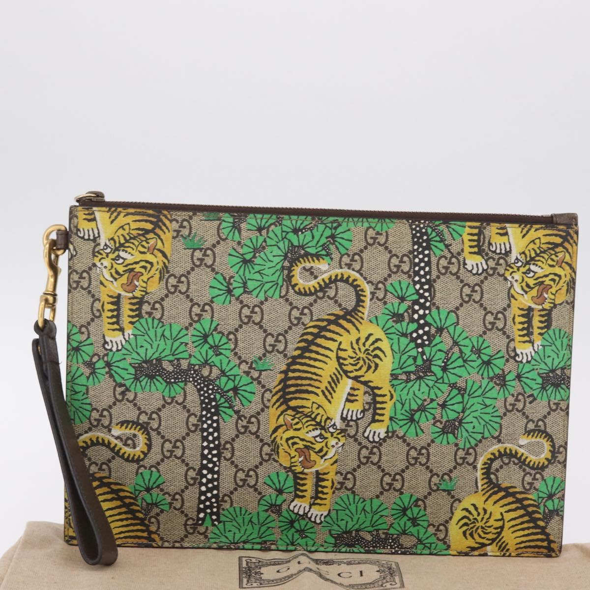 GUCCI GG Supreme Tiger Clutch Bag PVC Leather Beige Gold 451473 Auth 210006V