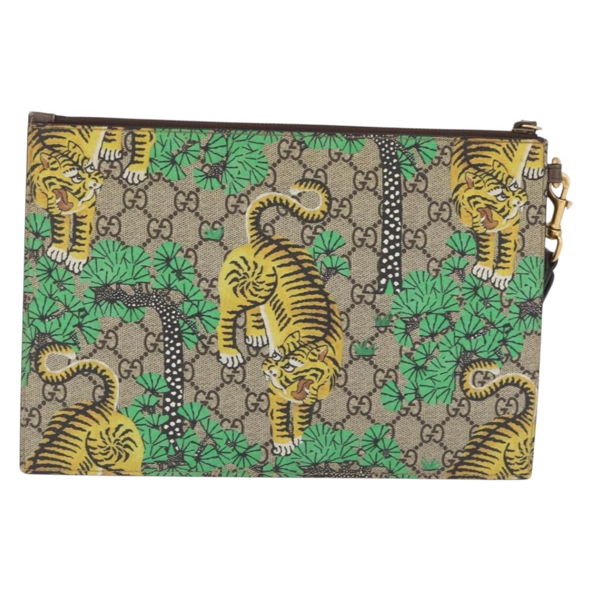 GUCCI GG Supreme Tiger Clutch Bag PVC Leather Beige Gold 451473 Auth 210006V