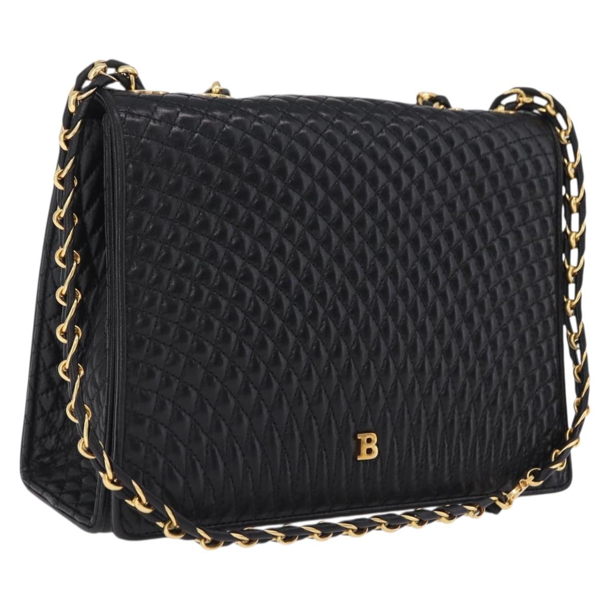 Bally Chain Shoulder Bag Leather Black Gold Auth 210010