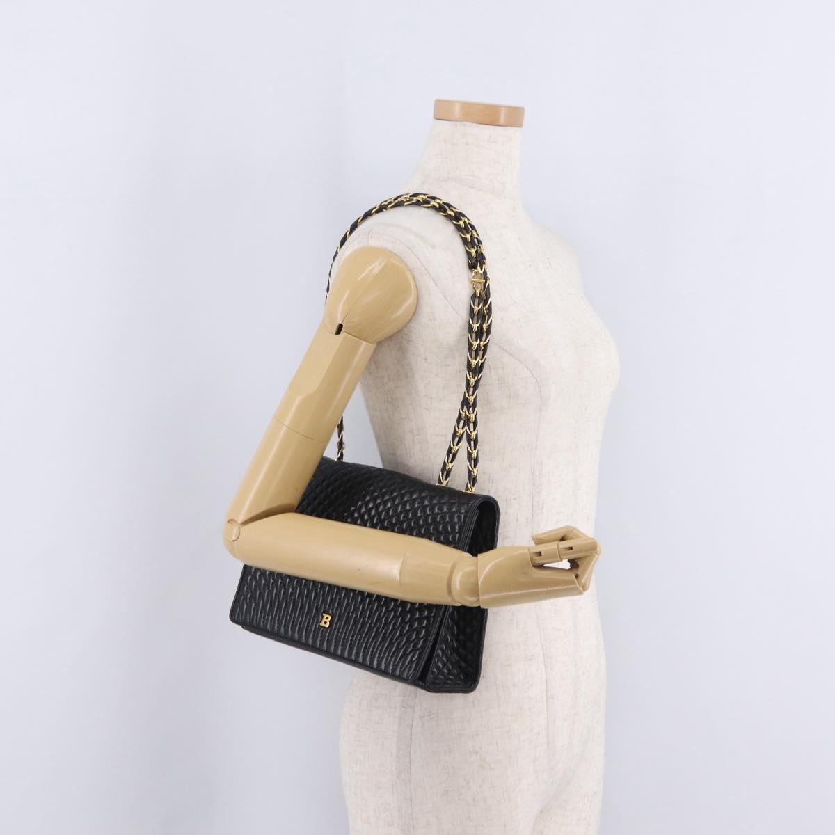 Bally Chain Shoulder Bag Leather Black Gold Auth 210010