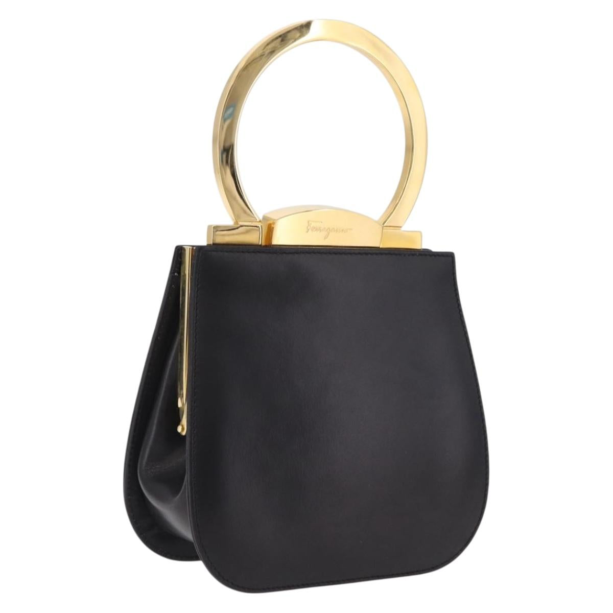 Salvatore Ferragamo Hand Bag Leather Black Gold Auth 210011V