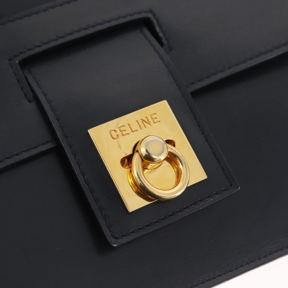 CELINE Shoulder Bag Leather Navy Gold Auth 210013