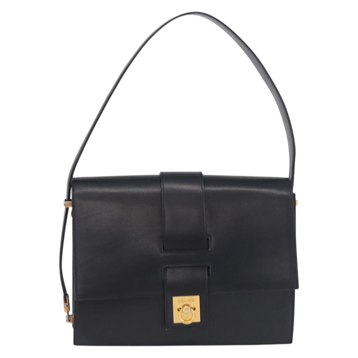 CELINE Shoulder Bag Leather Navy Gold Auth 210013
