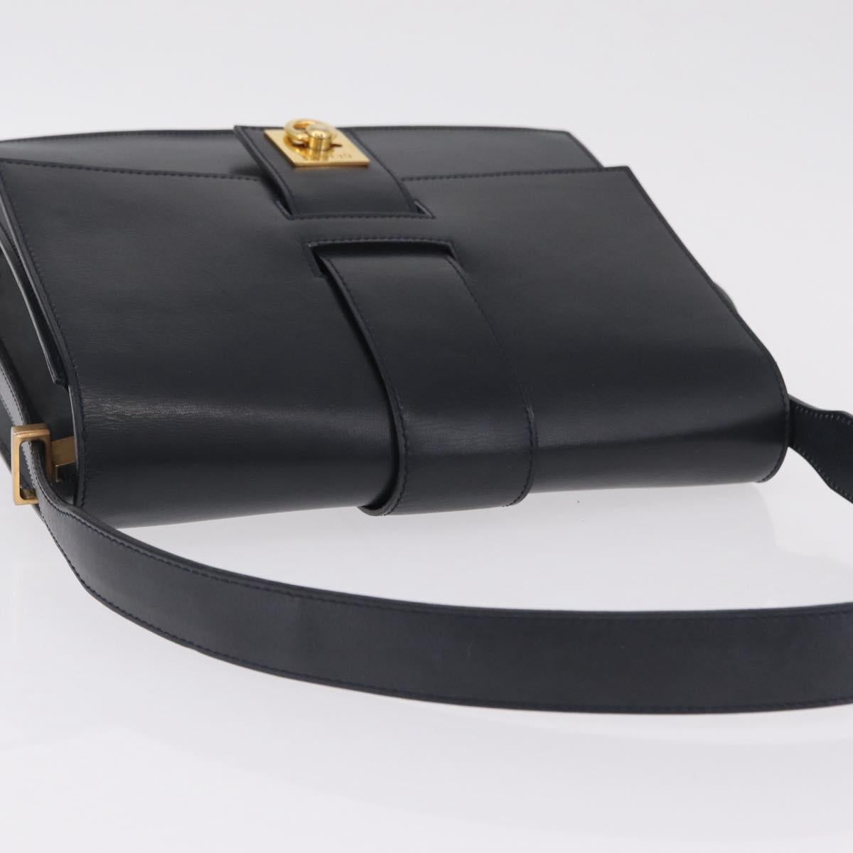 CELINE Shoulder Bag Leather Navy Gold Auth 210013