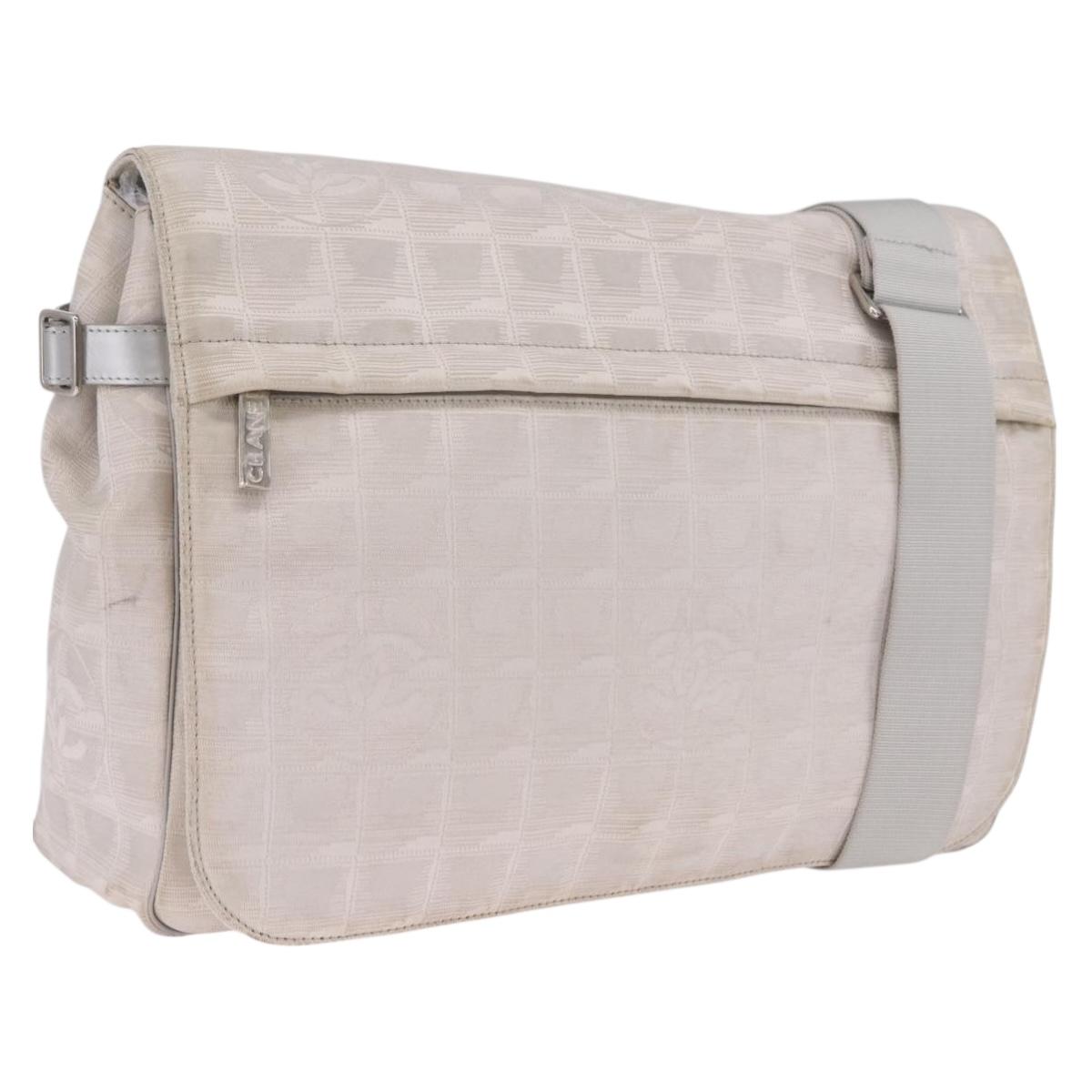 CHANEL New Travel Line Shoulder Bag Canvas Ivory Silver CC Auth 210031