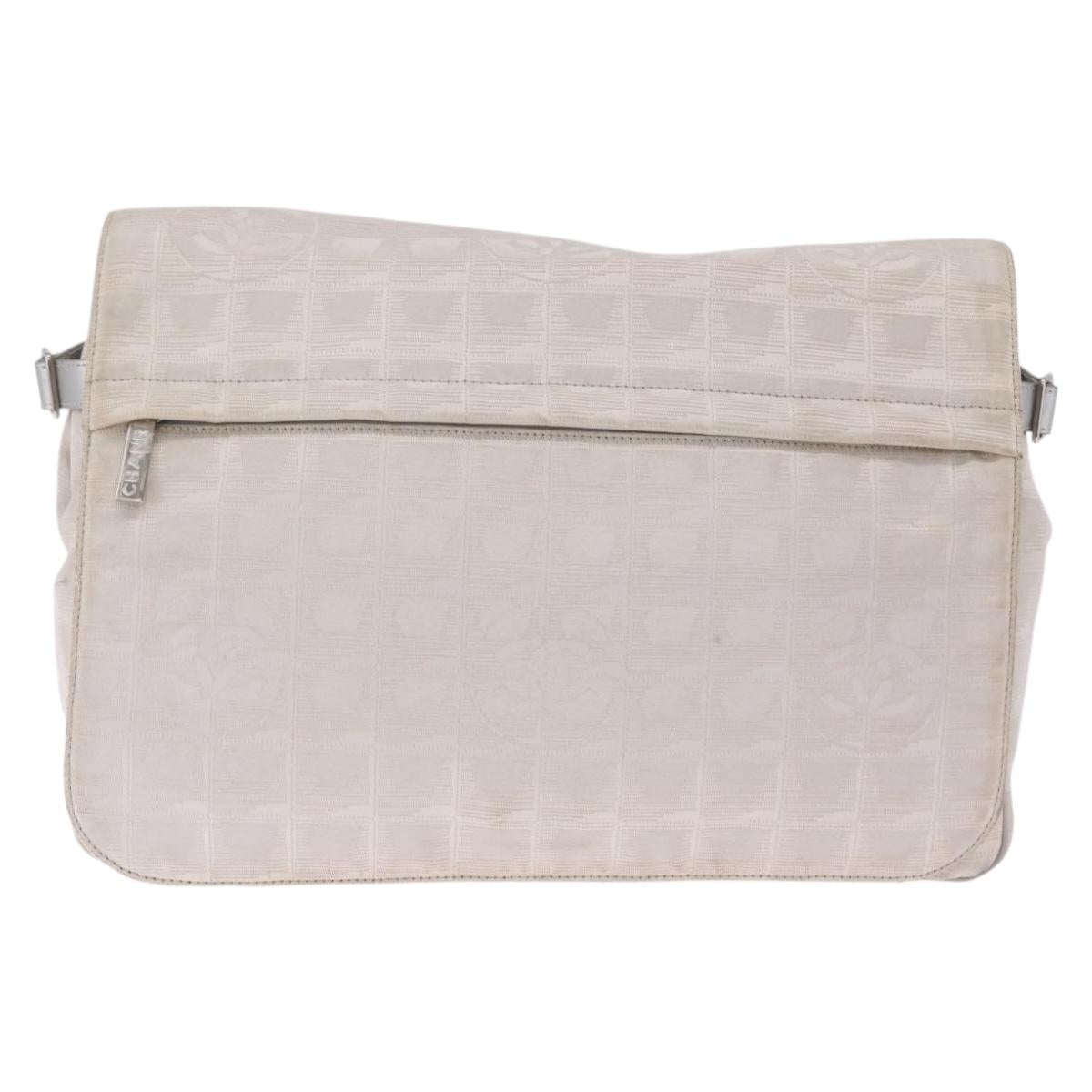 CHANEL New Travel Line Shoulder Bag Canvas Ivory Silver CC Auth 210031