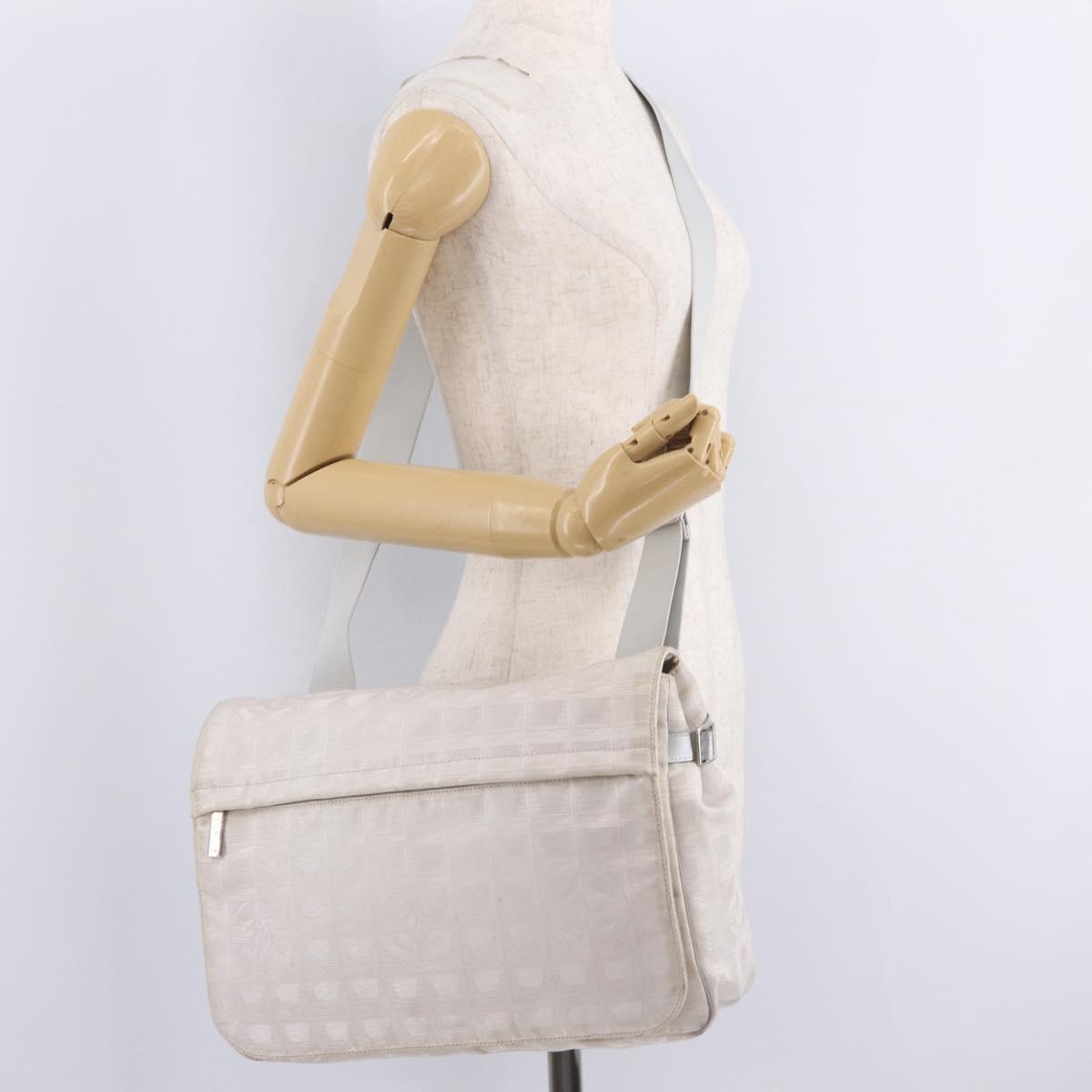 CHANEL New Travel Line Shoulder Bag Canvas Ivory Silver CC Auth 210031