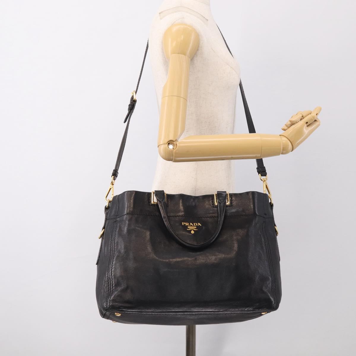 PRADA Hand Bag Vittero Dino Leather 2way Black Gold Auth 210036A