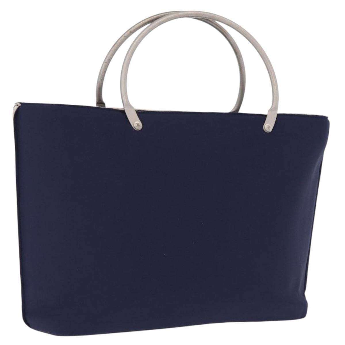 CHANEL Hand Bag Cotton jersey Navy Silver CC Auth 210038