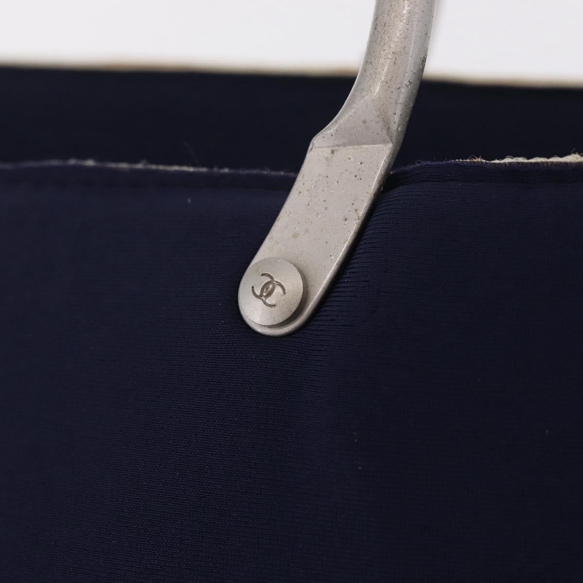 CHANEL Hand Bag Cotton jersey Navy Silver CC Auth 210038