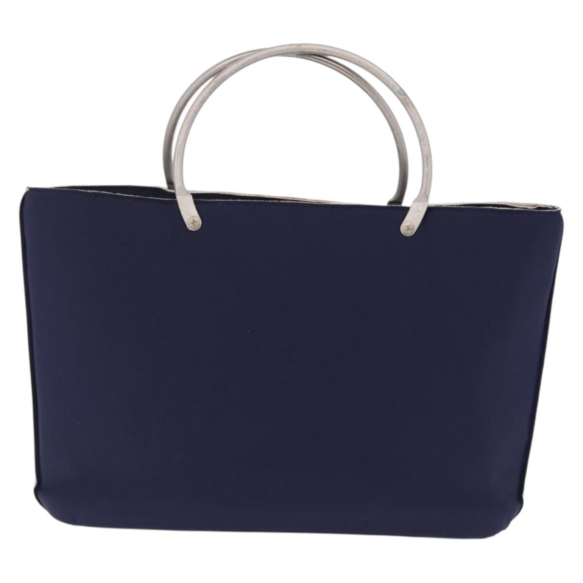 CHANEL Hand Bag Cotton jersey Navy Silver CC Auth 210038