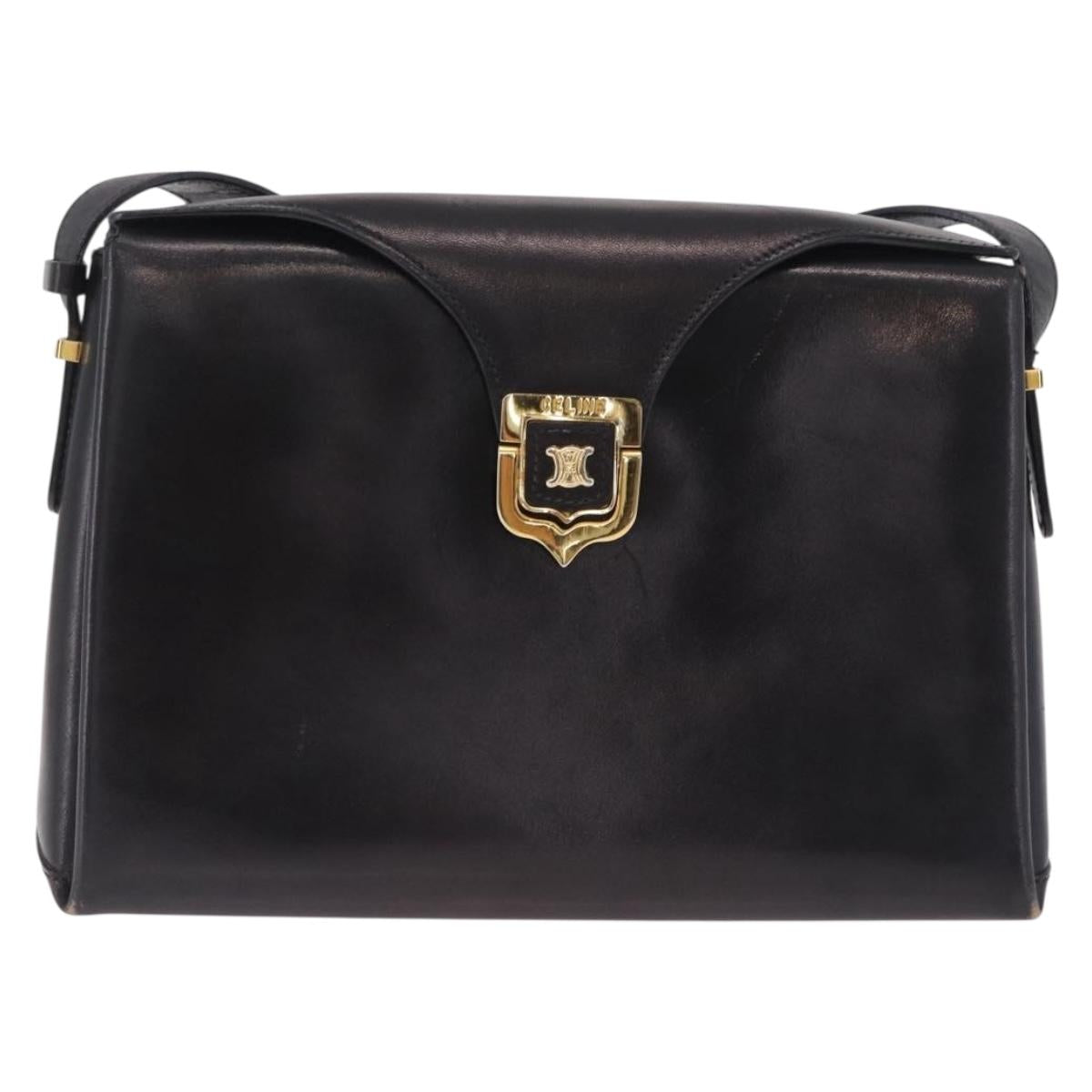 CELINE Shoulder Bag Leather Black Gold Auth 210039