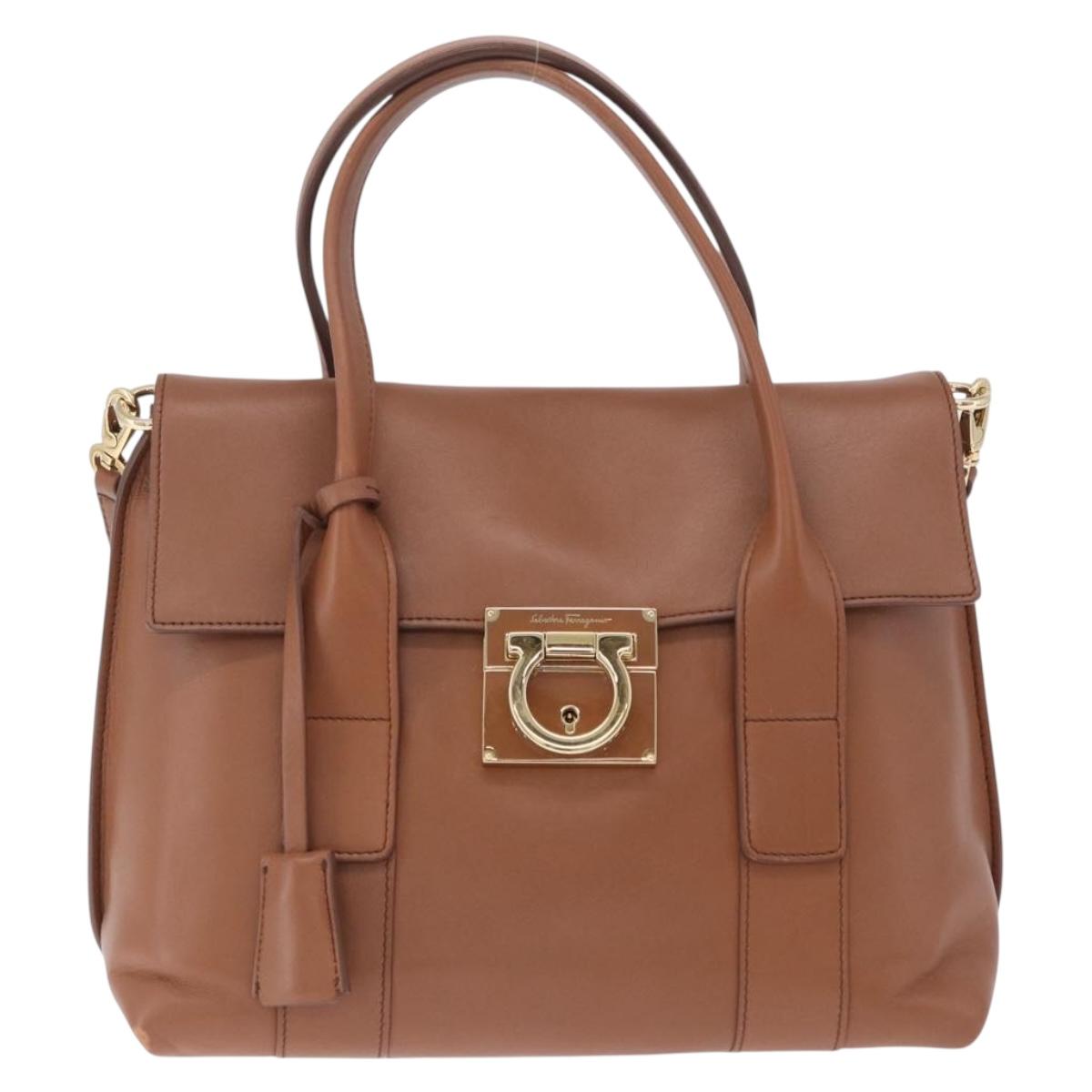 Salvatore Ferragamo Gancini Hand Bag Leather 2way Brown Gold Auth 210044V