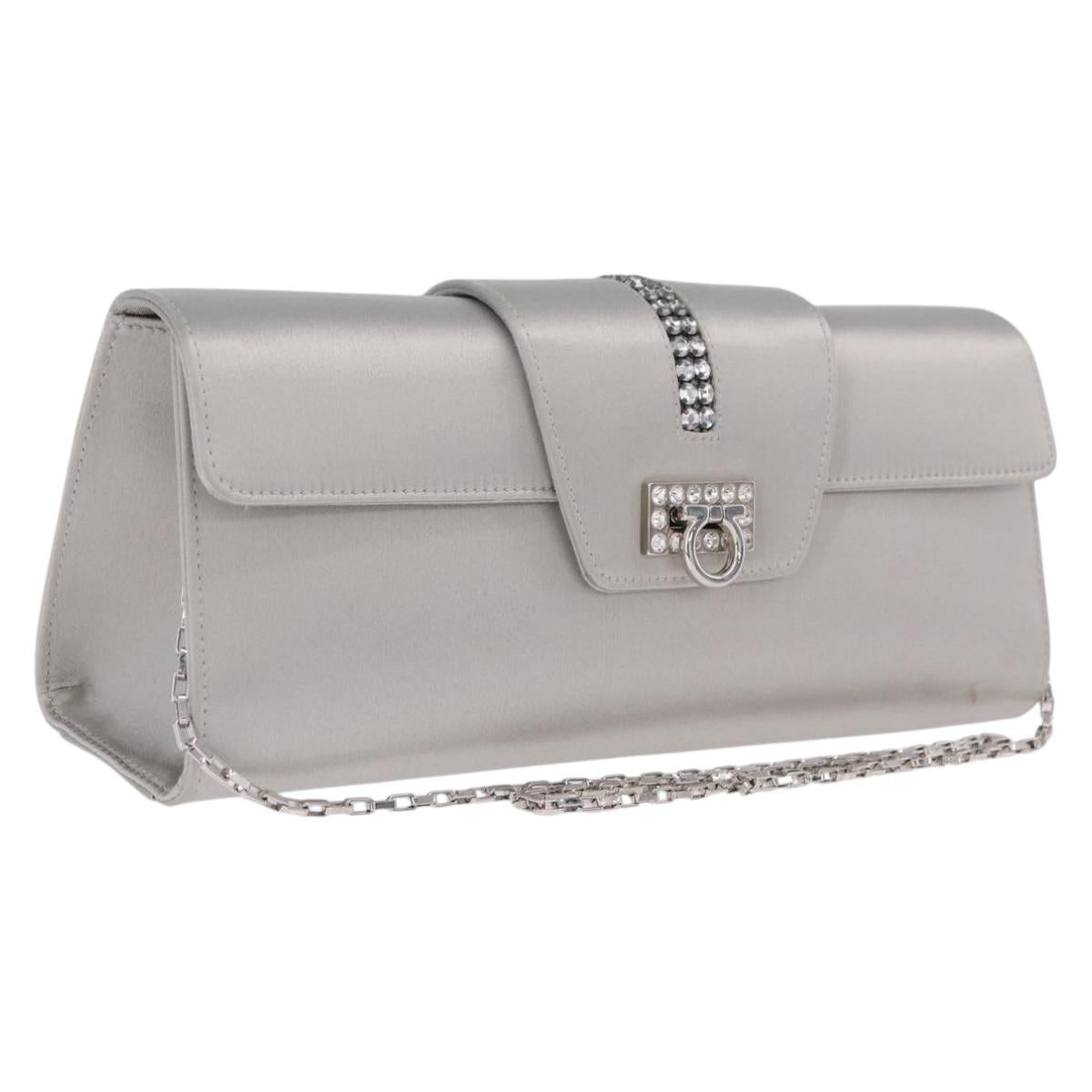 Salvatore Ferragamo Gancini Chain Shoulder Bag Satin Gray Silver Auth 210053A