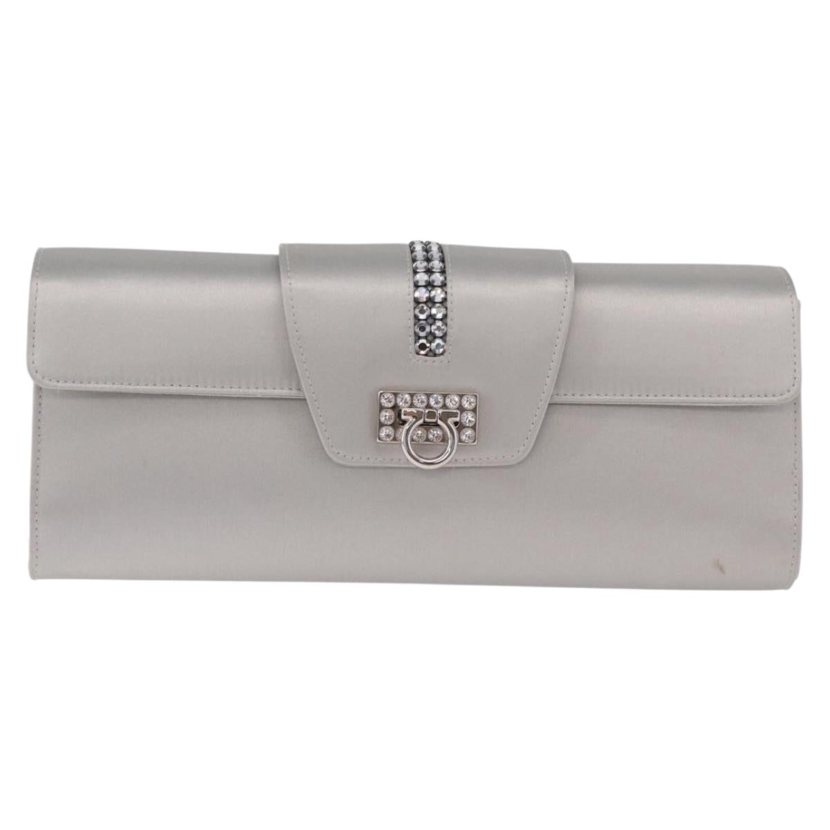 Salvatore Ferragamo Gancini Chain Shoulder Bag Satin Gray Silver Auth 210053A