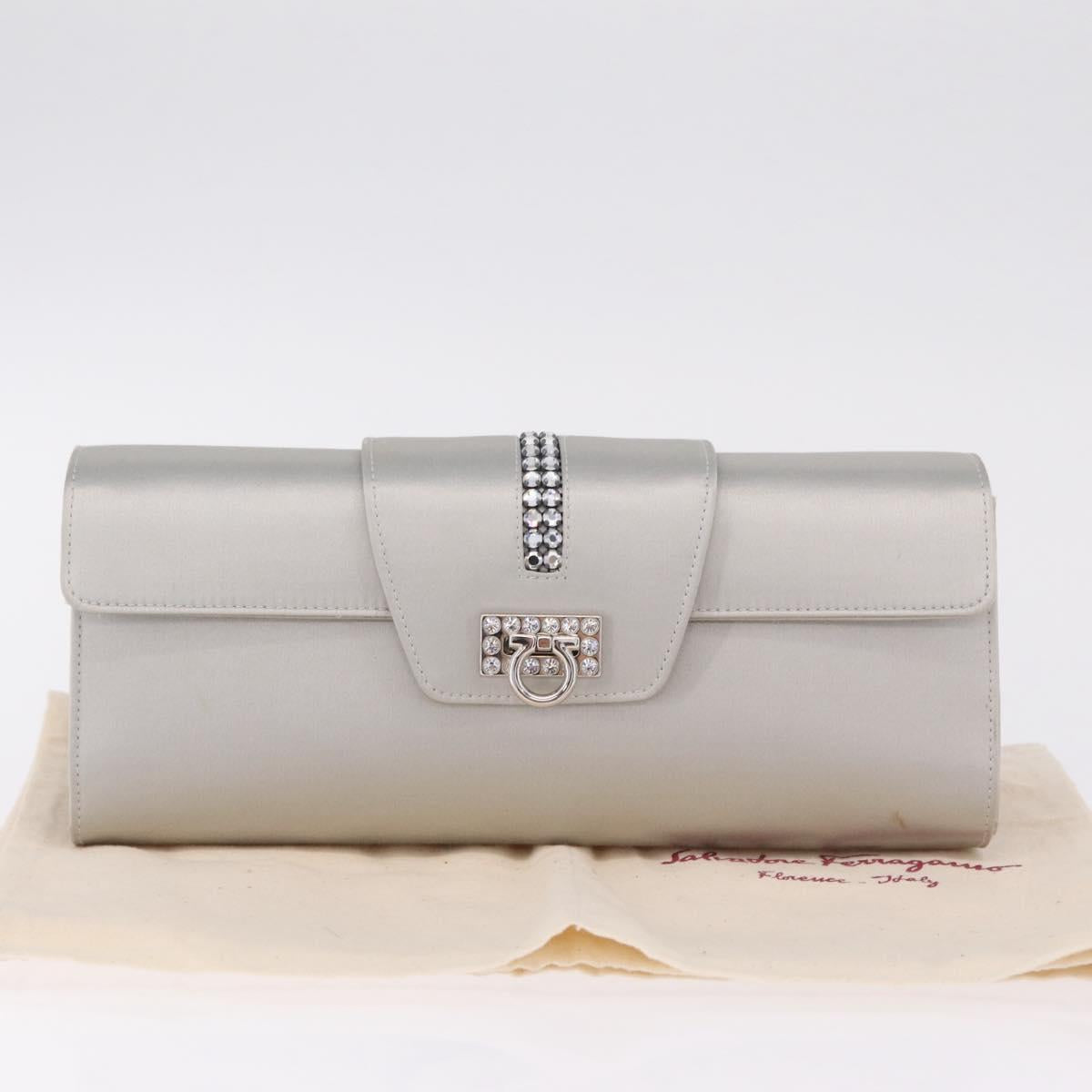 Salvatore Ferragamo Gancini Chain Shoulder Bag Satin Gray Silver Auth 210053A