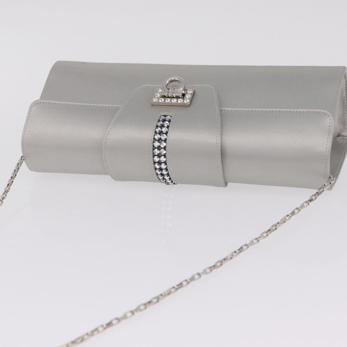 Salvatore Ferragamo Gancini Chain Shoulder Bag Satin Gray Silver Auth 210053A