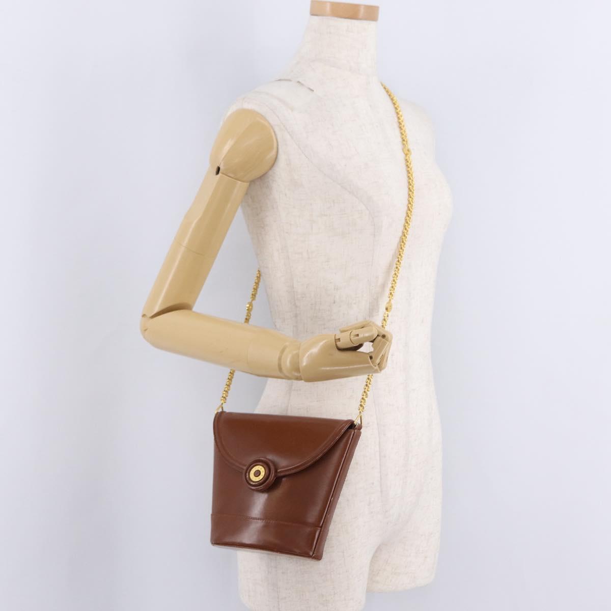 Tiffany & Co. Chain Shoulder Bag Leather Brown Gold Auth 210055
