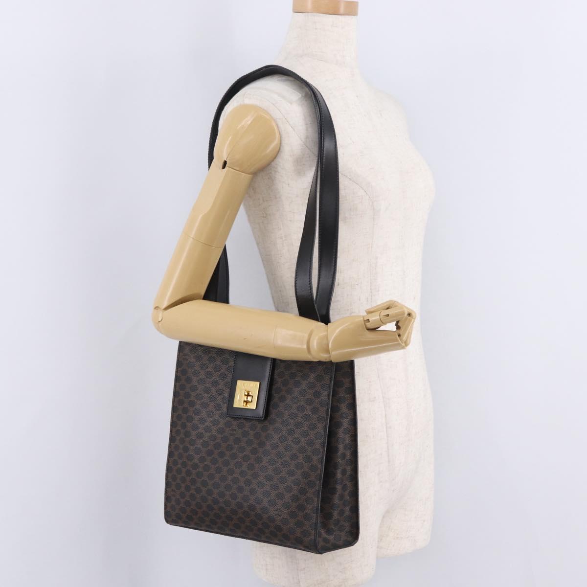 CELINE Macadam Canvas Shoulder Bag PVC Leather Black Gold Auth 210057A