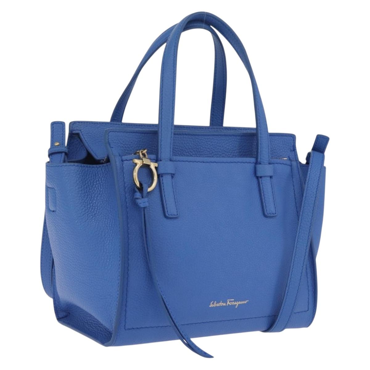 Salvatore Ferragamo Gancini Amy Hand Bag Leather 2way Blue Gold Auth 210060V