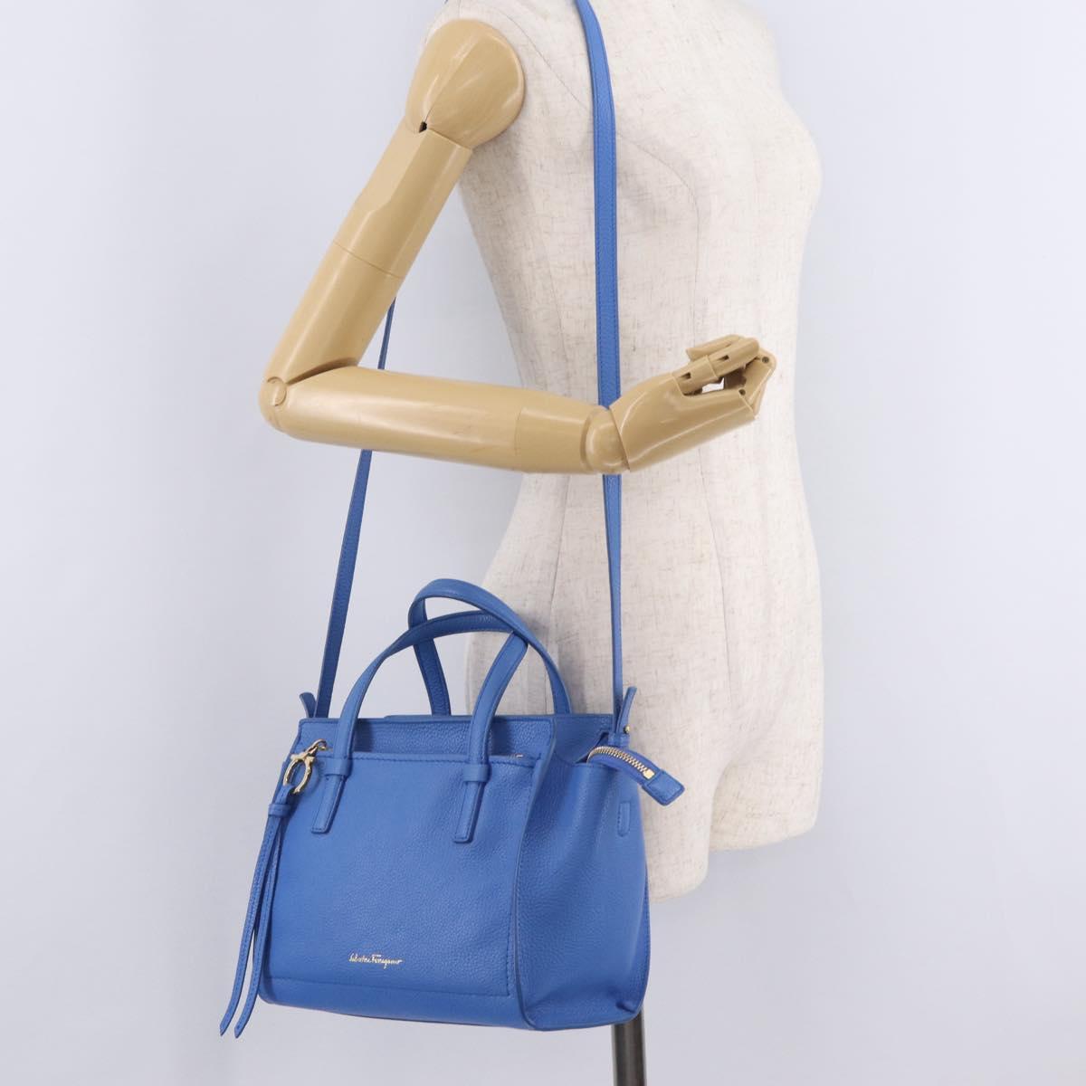 Salvatore Ferragamo Gancini Amy Hand Bag Leather 2way Blue Gold Auth 210060V