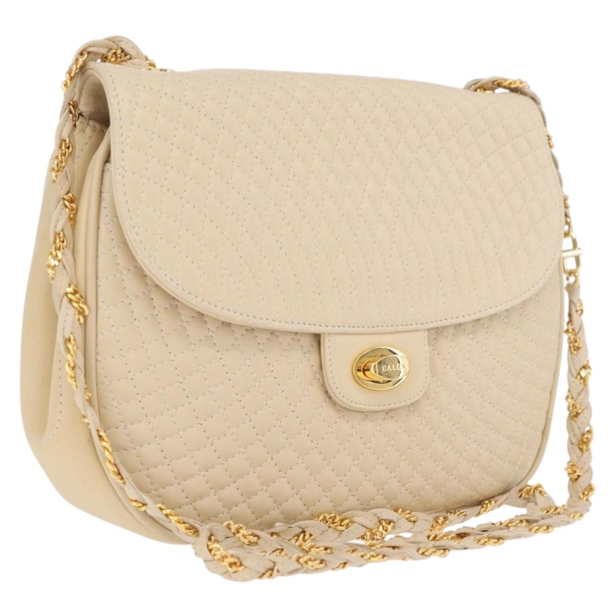 Bally Chain Shoulder Bag Leather Ivory Gold Auth 210062A