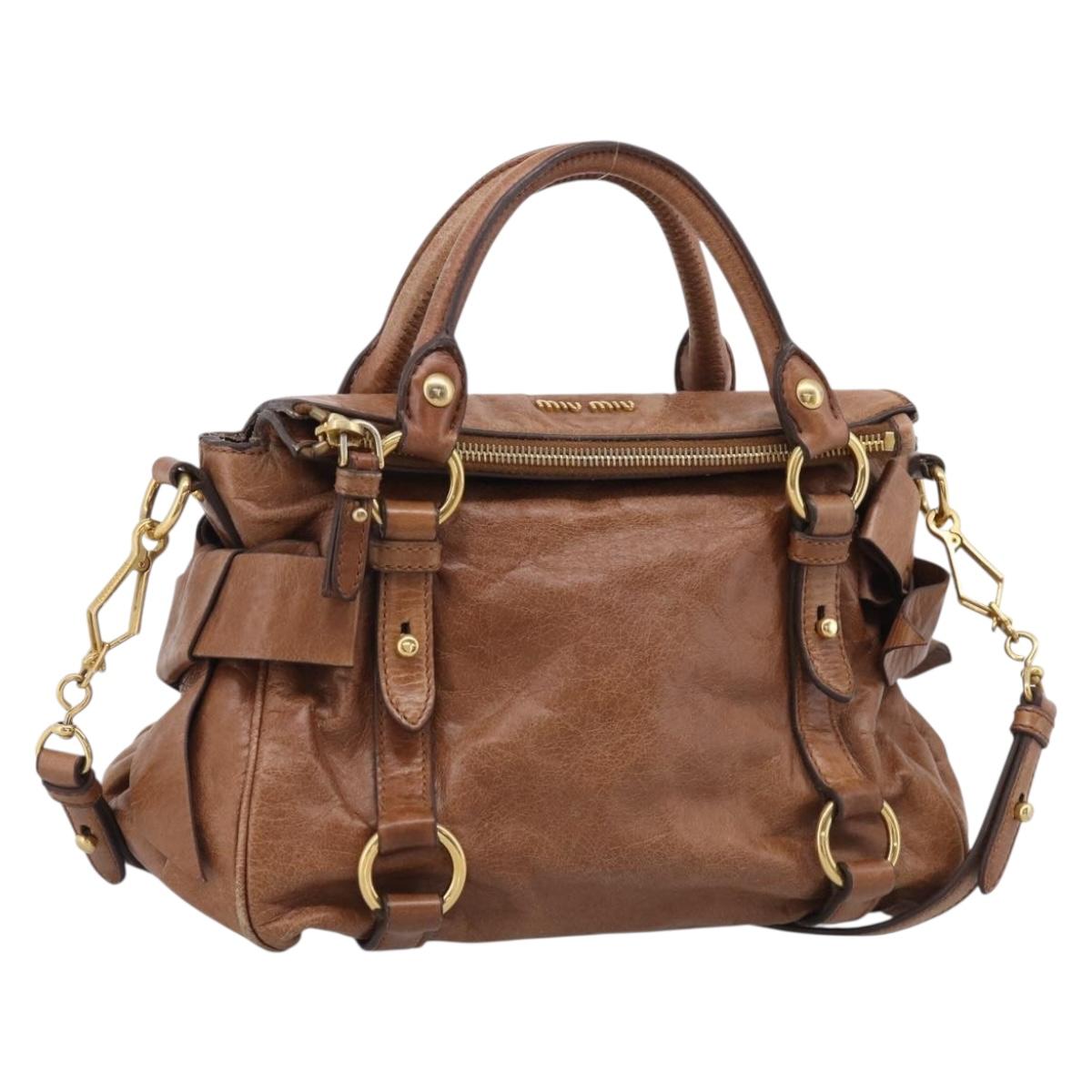 Miu Miu Hand Bag Vitellolux 2way Brown Gold Auth 210072V