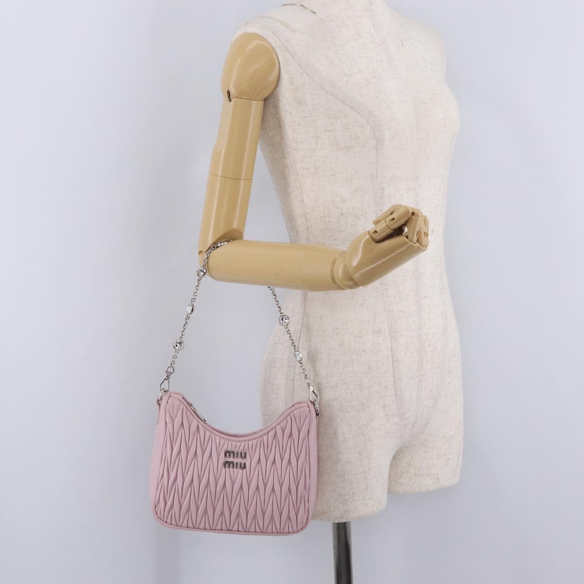 Miu Miu Matelasse Chain Shoulder Bag Leather Pink Silver Auth 210074V