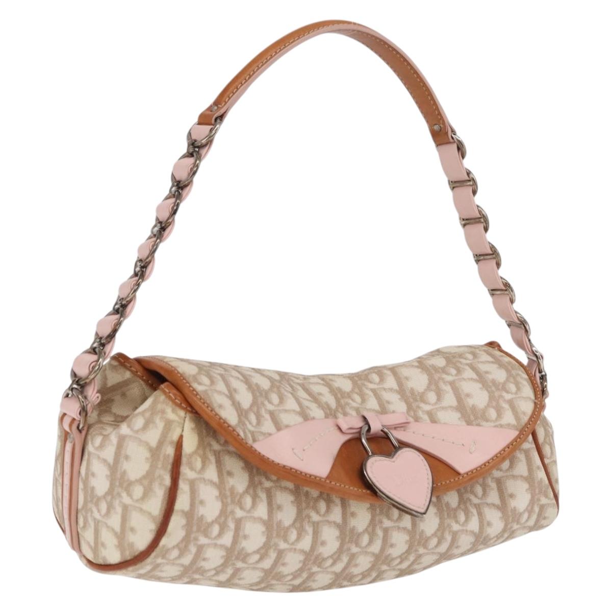 Christian Dior Trotter Canvas Romantic Chain Bag PVC Beige Silver Auth 210075A