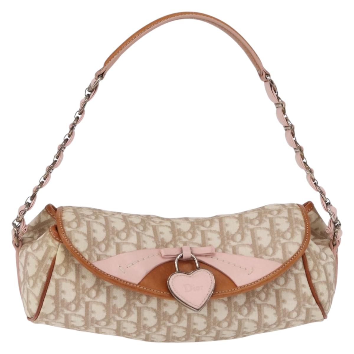 Christian Dior Trotter Canvas Romantic Chain Bag PVC Beige Silver Auth 210075A