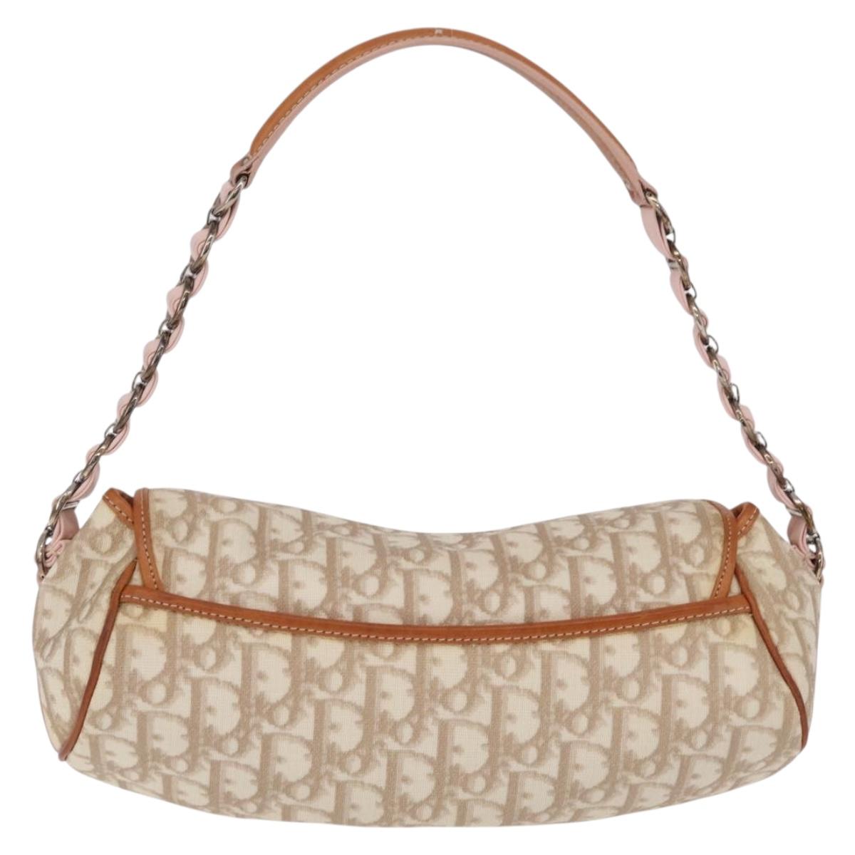 Christian Dior Trotter Canvas Romantic Chain Bag PVC Beige Silver Auth 210075A