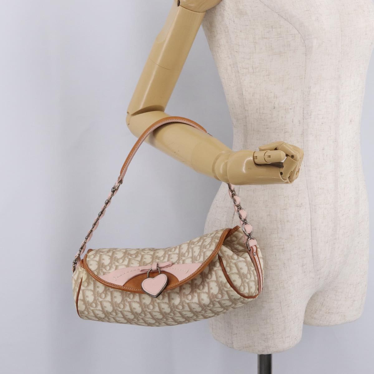 Christian Dior Trotter Canvas Romantic Chain Bag PVC Beige Silver Auth 210075A