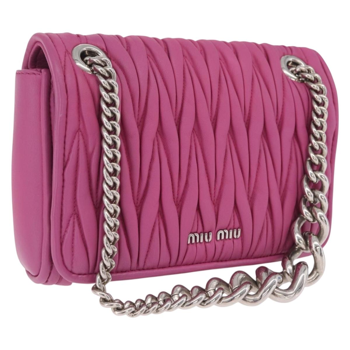 Miu Miu Matelasse Chain Shoulder Bag Leather Pink Silver Auth 210077V