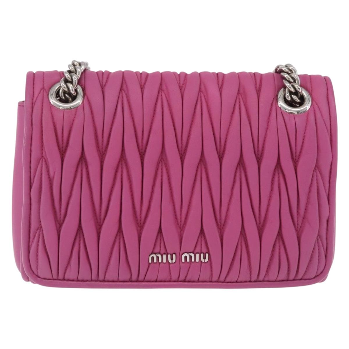 Miu Miu Matelasse Chain Shoulder Bag Leather Pink Silver Auth 210077V