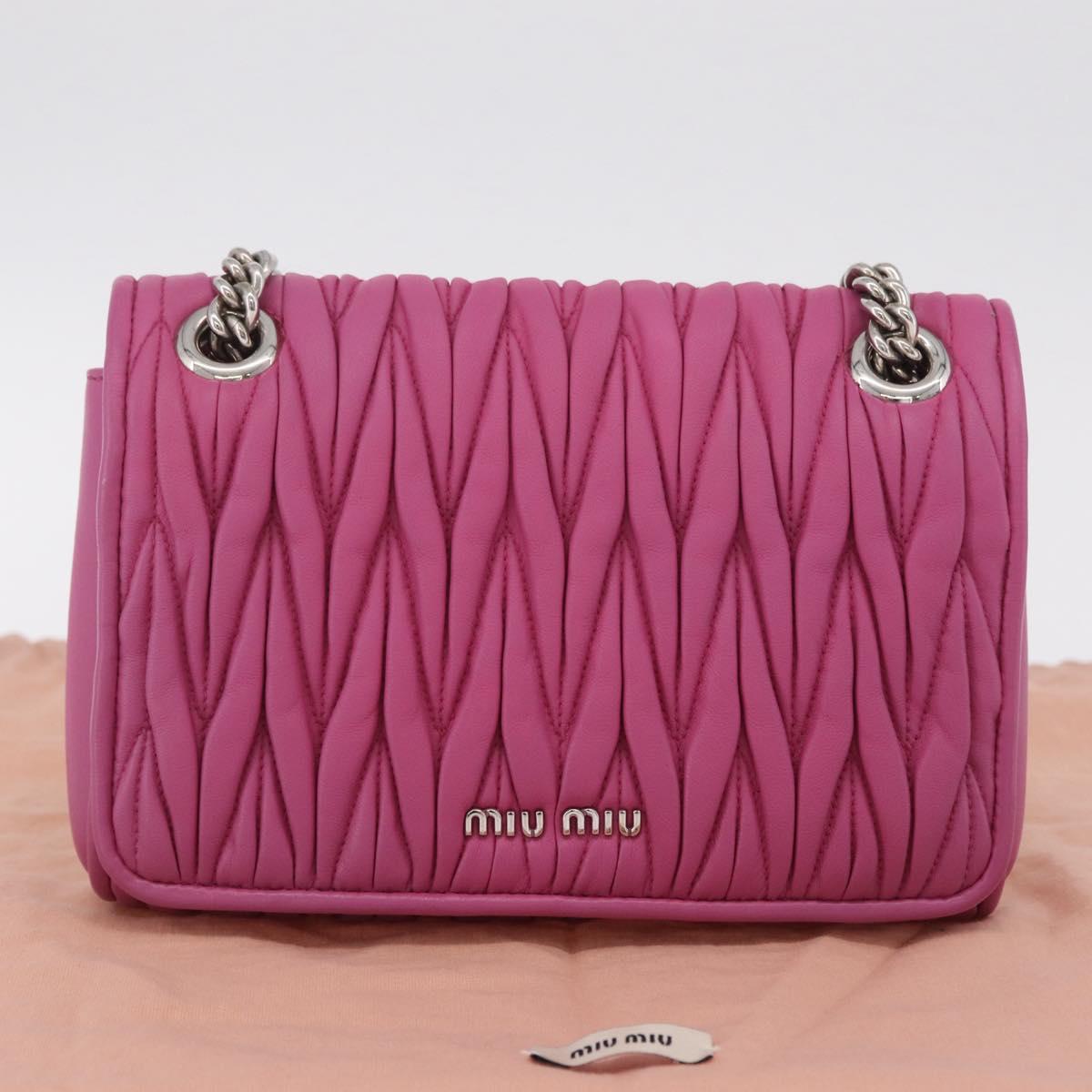 Miu Miu Matelasse Chain Shoulder Bag Leather Pink Silver Auth 210077V