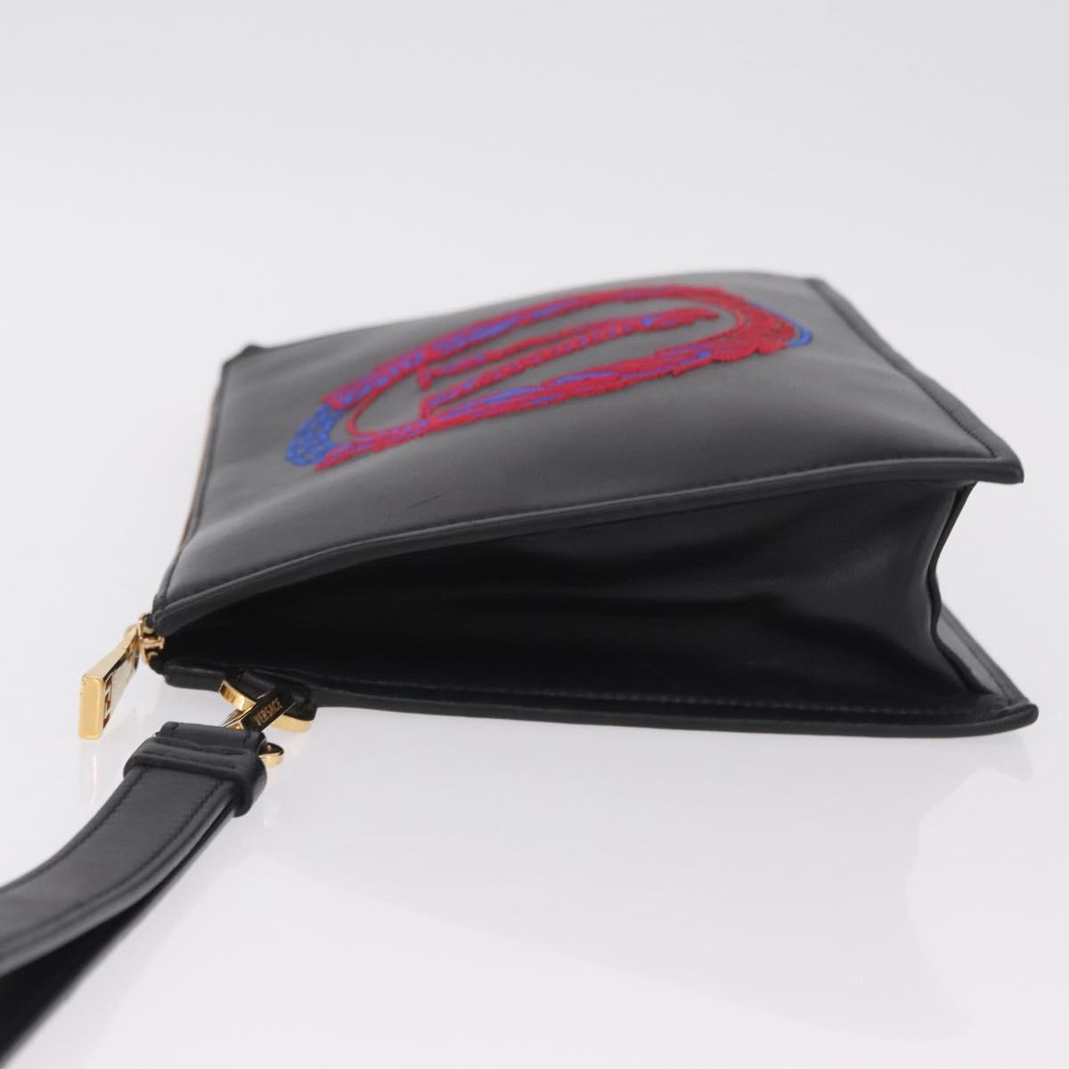 VERSACE Clutch Bag Leather Black Gold Auth 210078A