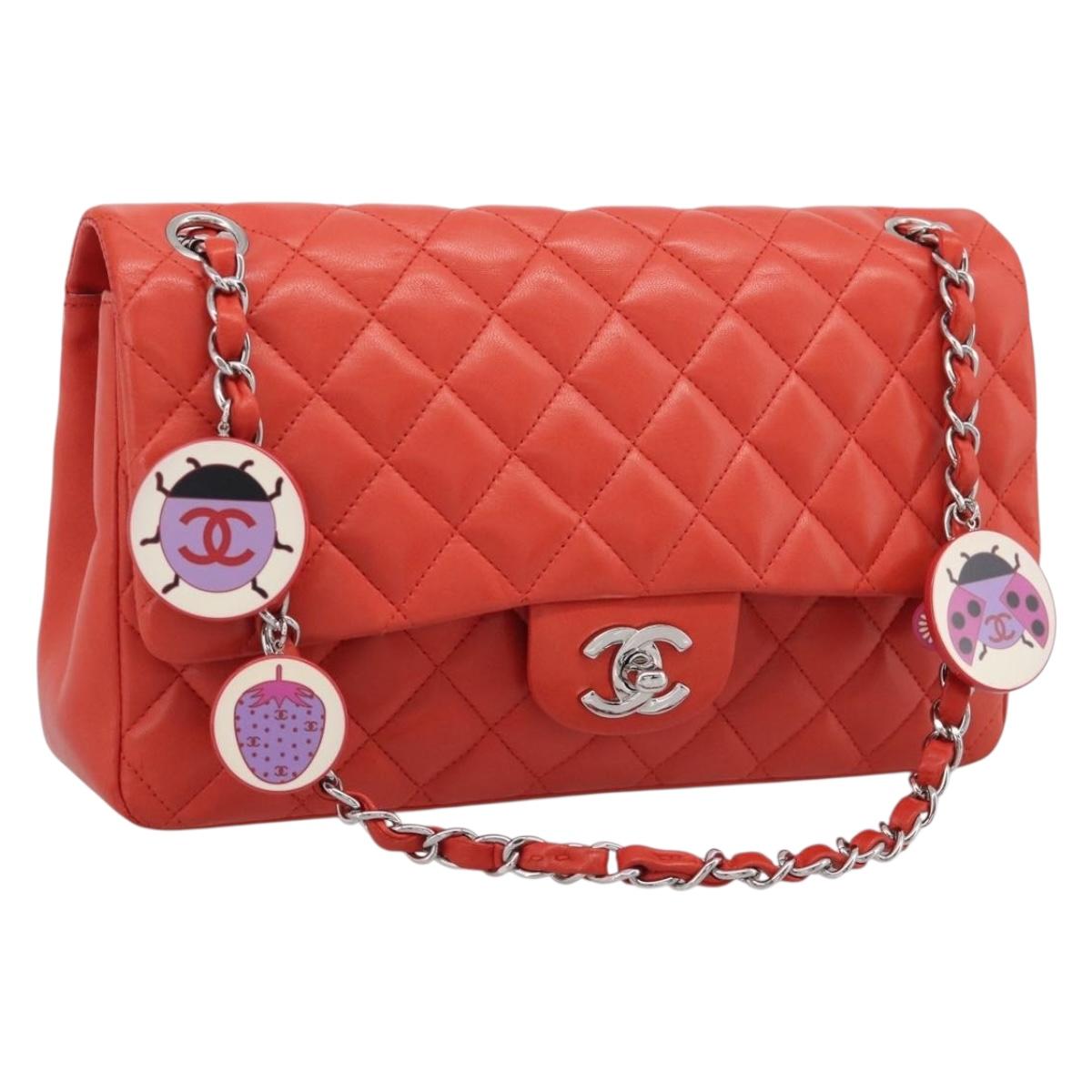 CHANEL Matelasse 25 Chain Shoulder Bag Lamb Skin Red Silver CC Auth 210079SM