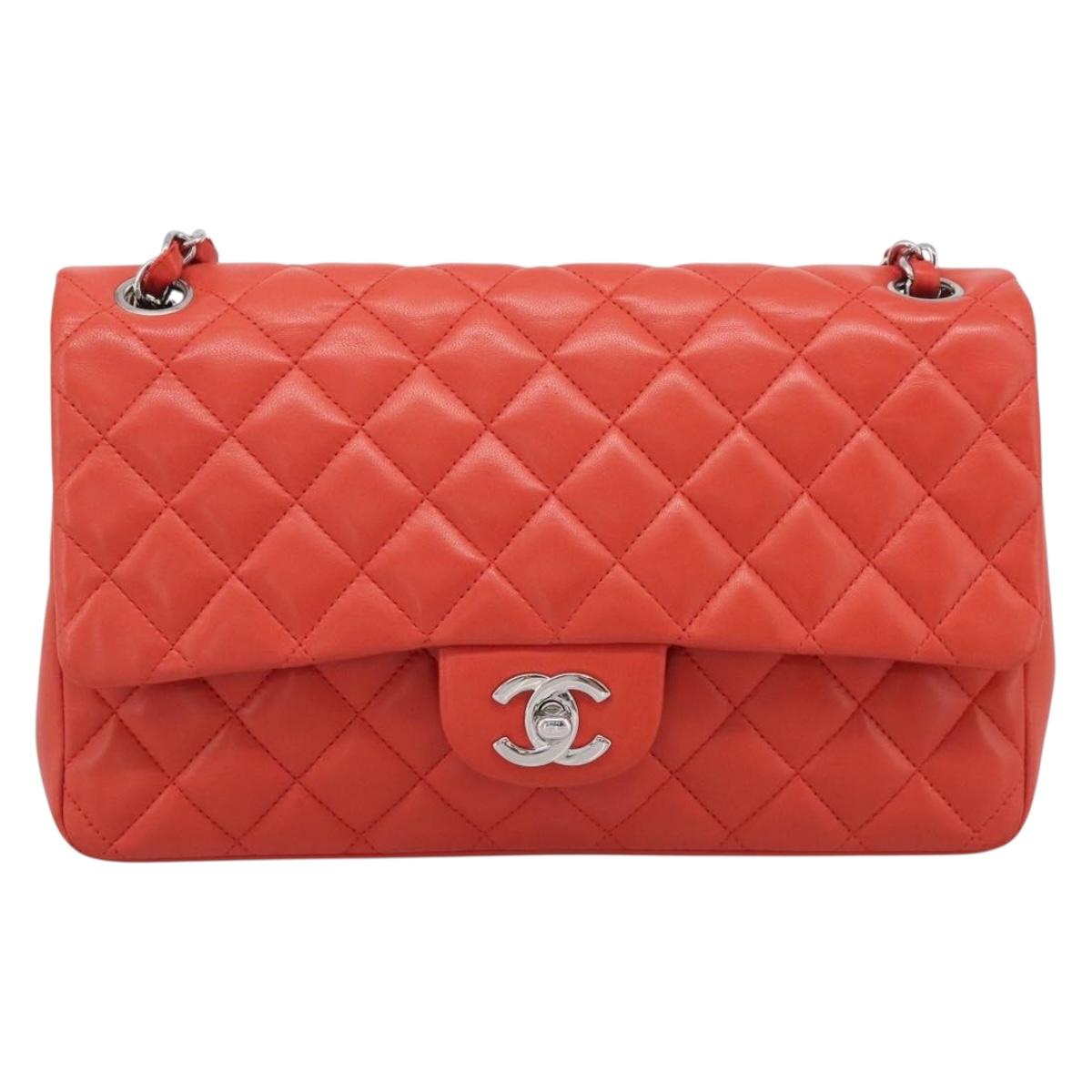 CHANEL Matelasse 25 Chain Shoulder Bag Lamb Skin Red Silver CC Auth 210079SM