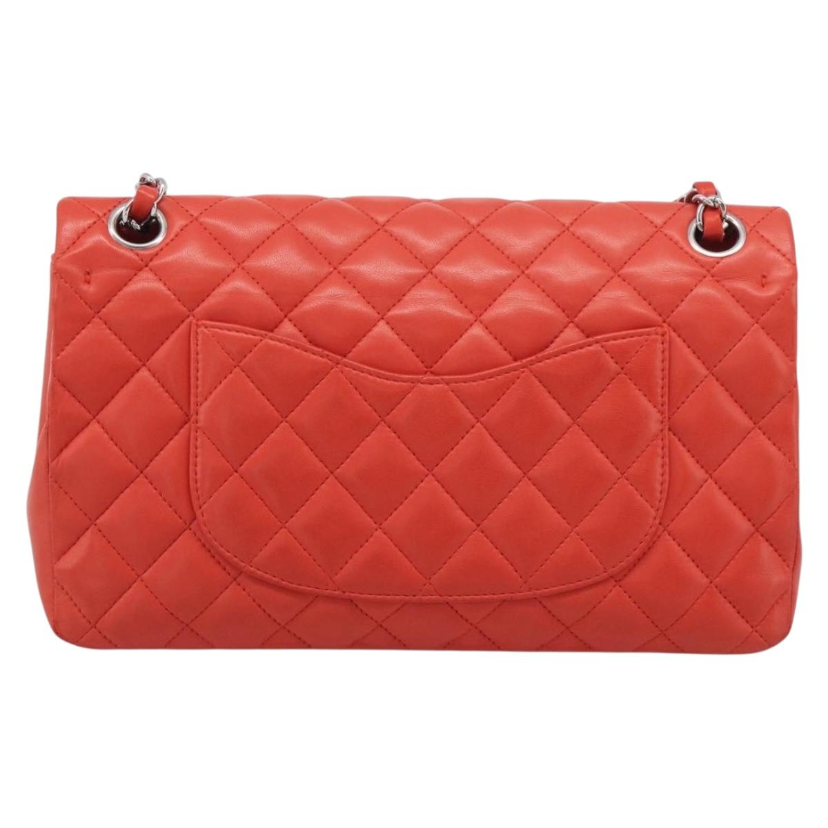 CHANEL Matelasse 25 Chain Shoulder Bag Lamb Skin Red Silver CC Auth 210079SM